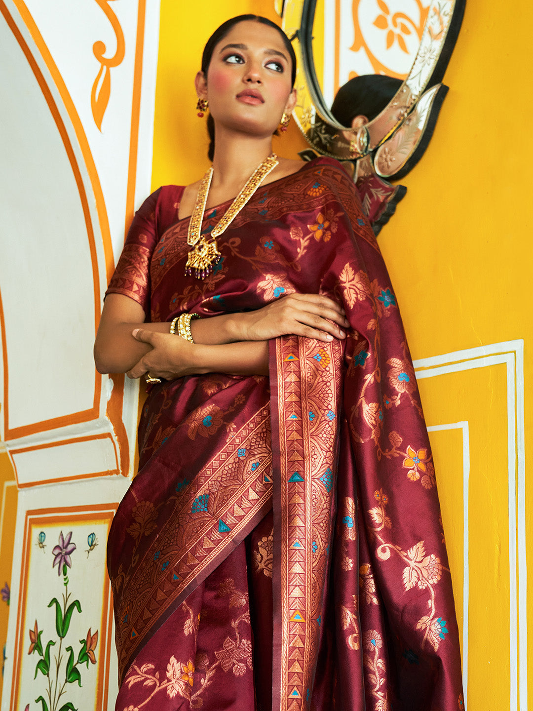 Janasya Maroon Banarasi Silk Woven Dual Tone Floral Design Banarasi Silk Saree - Distacart