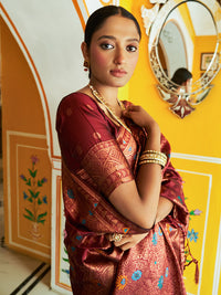 Thumbnail for Janasya Maroon Banarasi Silk Woven Dual Tone Floral Design Banarasi Silk Saree - Distacart