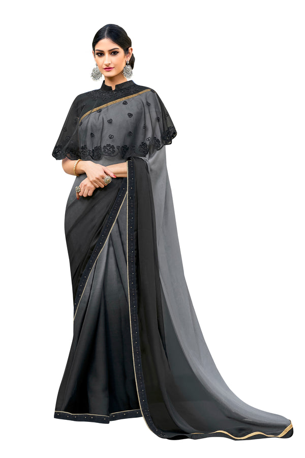 Vamika Black Designer Saree With Double Blouse 1. Plain Silk Blouse 2. Poncho Blouse (With Embroidery And Stone Work) - Distacart