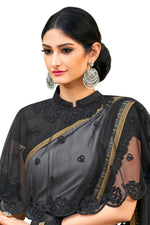 Thumbnail for Vamika Black Designer Saree With Double Blouse 1. Plain Silk Blouse 2. Poncho Blouse (With Embroidery And Stone Work) - Distacart