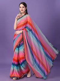 Thumbnail for Malishka Women's Multi Colour Printed Mirrow Work Georgette Saree With Unstitched Blouse - Distacart
