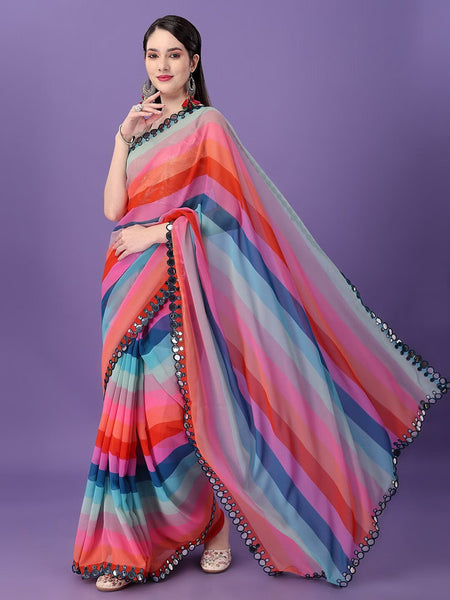 Malishka Women's Multi Colour Printed Mirrow Work Georgette Saree With Unstitched Blouse - Distacart