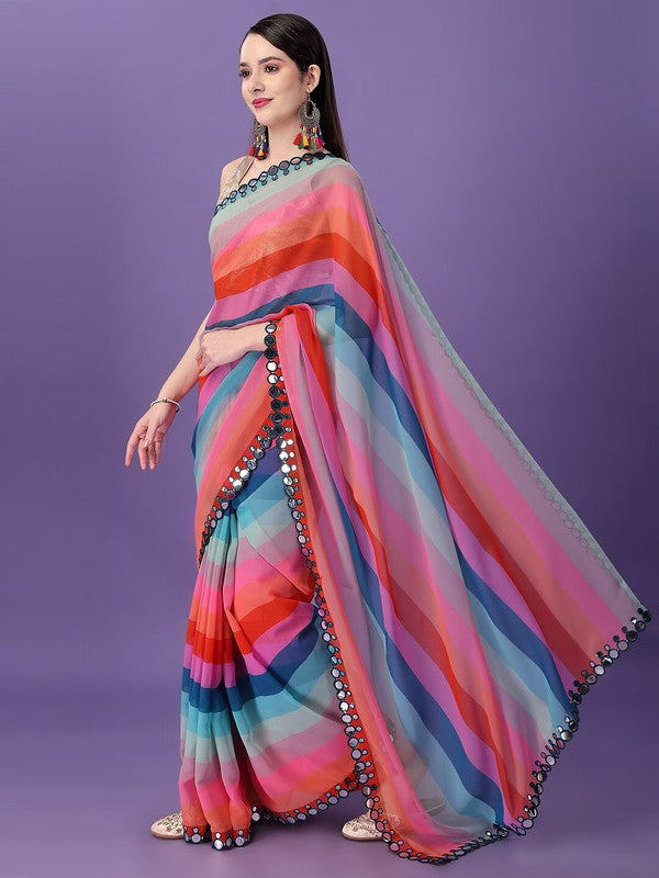 Malishka Women's Multi Colour Printed Mirrow Work Georgette Saree With Unstitched Blouse - Distacart