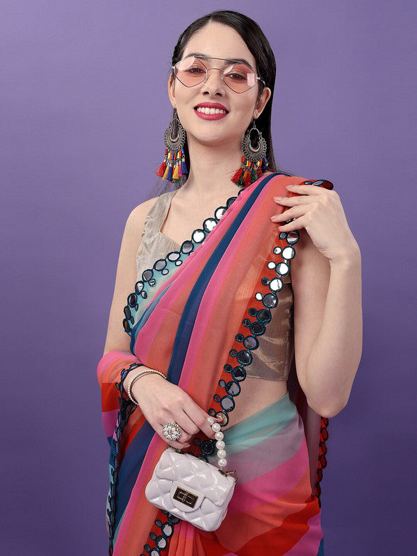 Malishka Women's Multi Colour Printed Mirrow Work Georgette Saree With Unstitched Blouse - Distacart