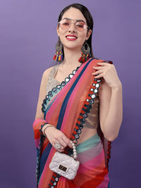 Thumbnail for Malishka Women's Multi Colour Printed Mirrow Work Georgette Saree With Unstitched Blouse - Distacart
