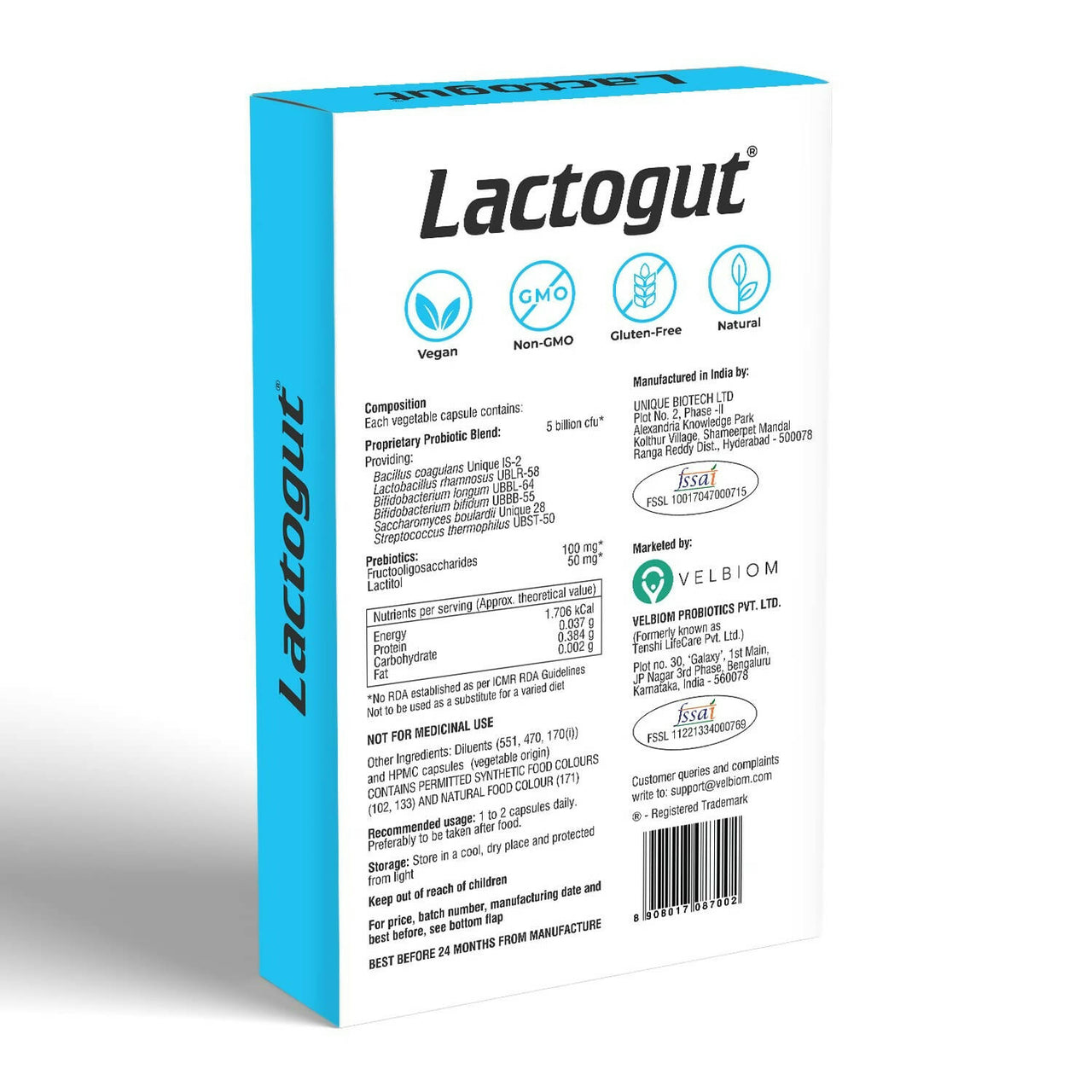Velbiom Lactogut Probiotics Capsules - Distacart