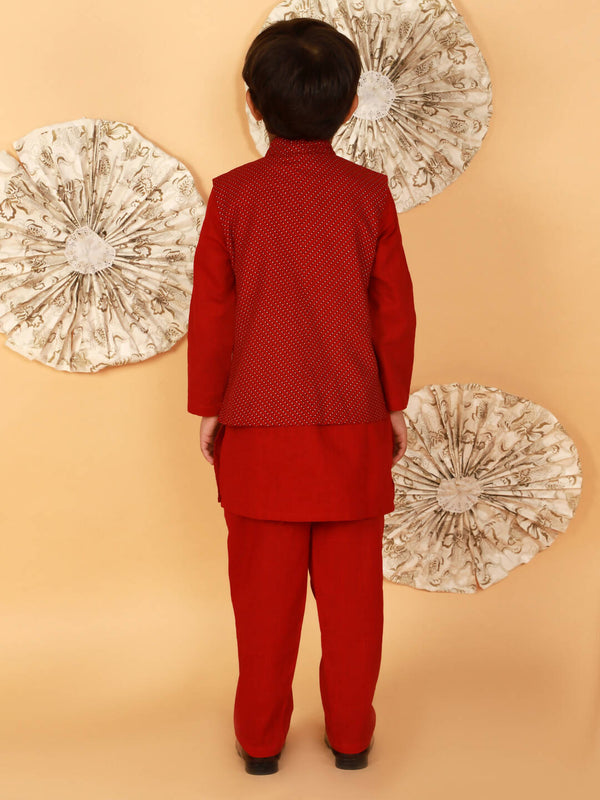 Lil Drama Boys Kurta Pyjama With Jacket Set - Red - Distacart
