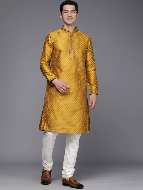 Manyavar Men Mustard Yellow Ethnic Motifs Woven Design Kurta with Churidar - Distacart