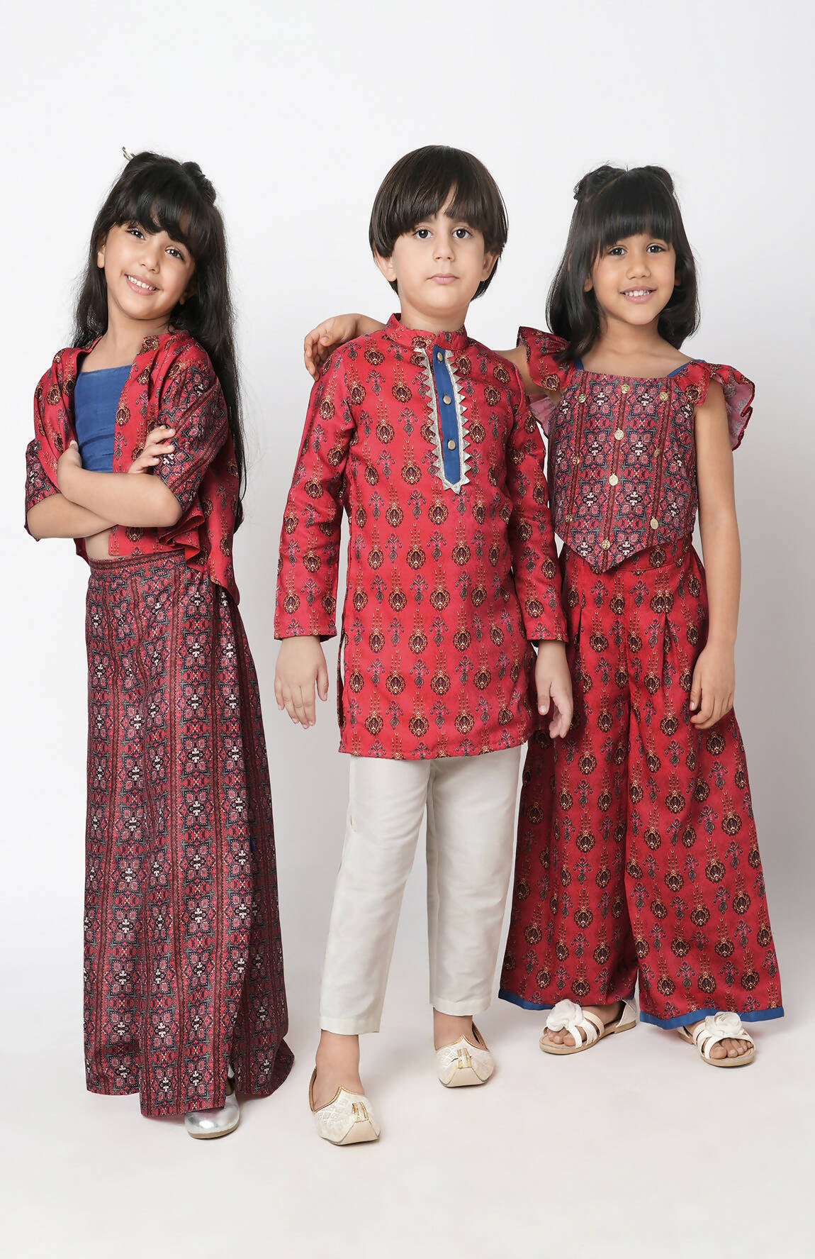 Lil Drama Ethnic Twist Girls Red Print Flared Palazzo With Top And Jacket Co-Ordinate Set - Distacart
