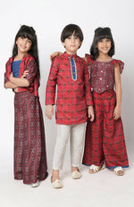 Thumbnail for Lil Drama Ethnic Twist Girls Red Print Flared Palazzo With Top And Jacket Co-Ordinate Set - Distacart