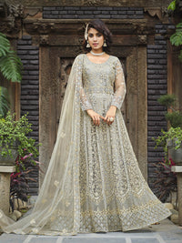 Thumbnail for Myra Dusty Grey Butterfly Net Heavy Embroidered Designer Anarkali Suit - Distacart