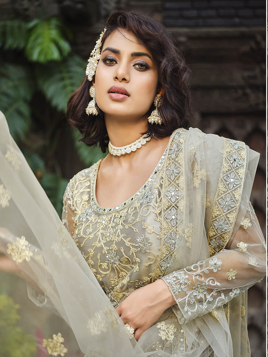 Myra Dusty Grey Butterfly Net Heavy Embroidered Designer Anarkali Suit - Distacart