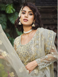 Thumbnail for Myra Dusty Grey Butterfly Net Heavy Embroidered Designer Anarkali Suit - Distacart