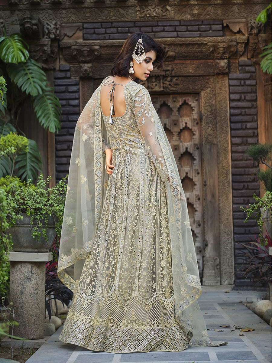 Myra Dusty Grey Butterfly Net Heavy Embroidered Designer Anarkali Suit - Distacart