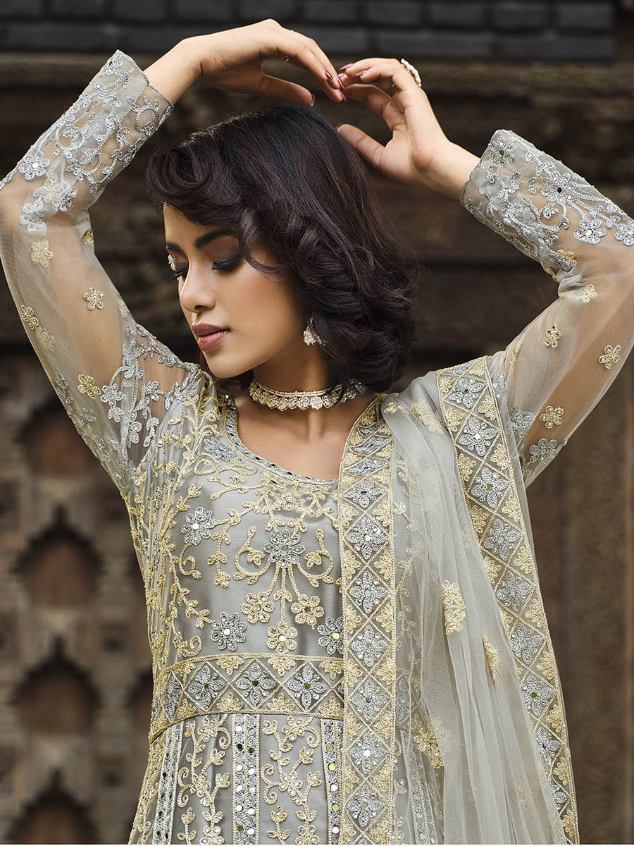 Myra Dusty Grey Butterfly Net Heavy Embroidered Designer Anarkali Suit - Distacart