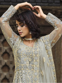 Thumbnail for Myra Dusty Grey Butterfly Net Heavy Embroidered Designer Anarkali Suit - Distacart