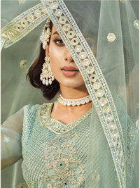 Thumbnail for Myra Dusty Pista Butterfly Net Heavy Embroidered Designer Anarkali Suit - Distacart
