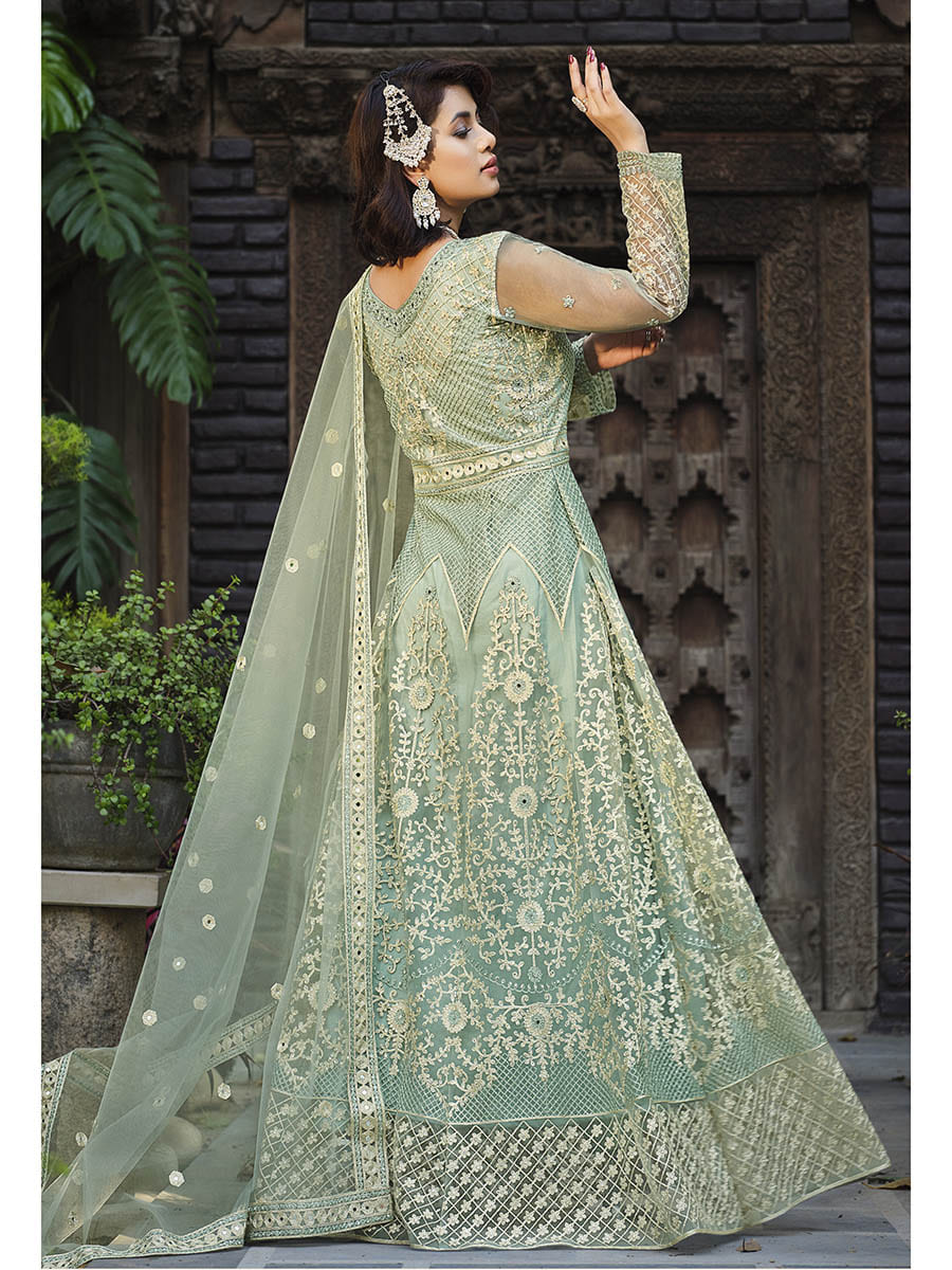 Myra Dusty Pista Butterfly Net Heavy Embroidered Designer Anarkali Suit - Distacart
