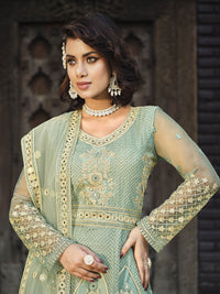 Thumbnail for Myra Dusty Pista Butterfly Net Heavy Embroidered Designer Anarkali Suit - Distacart