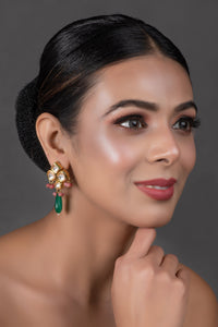 Thumbnail for Peryl Women's Green Pink Beaded Kundan Inspired Earrings - Distacart