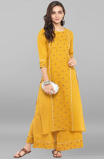 Thumbnail for Janasya Women's Mustard Cotton Embroidered Kurta With Palazzo - Distacart