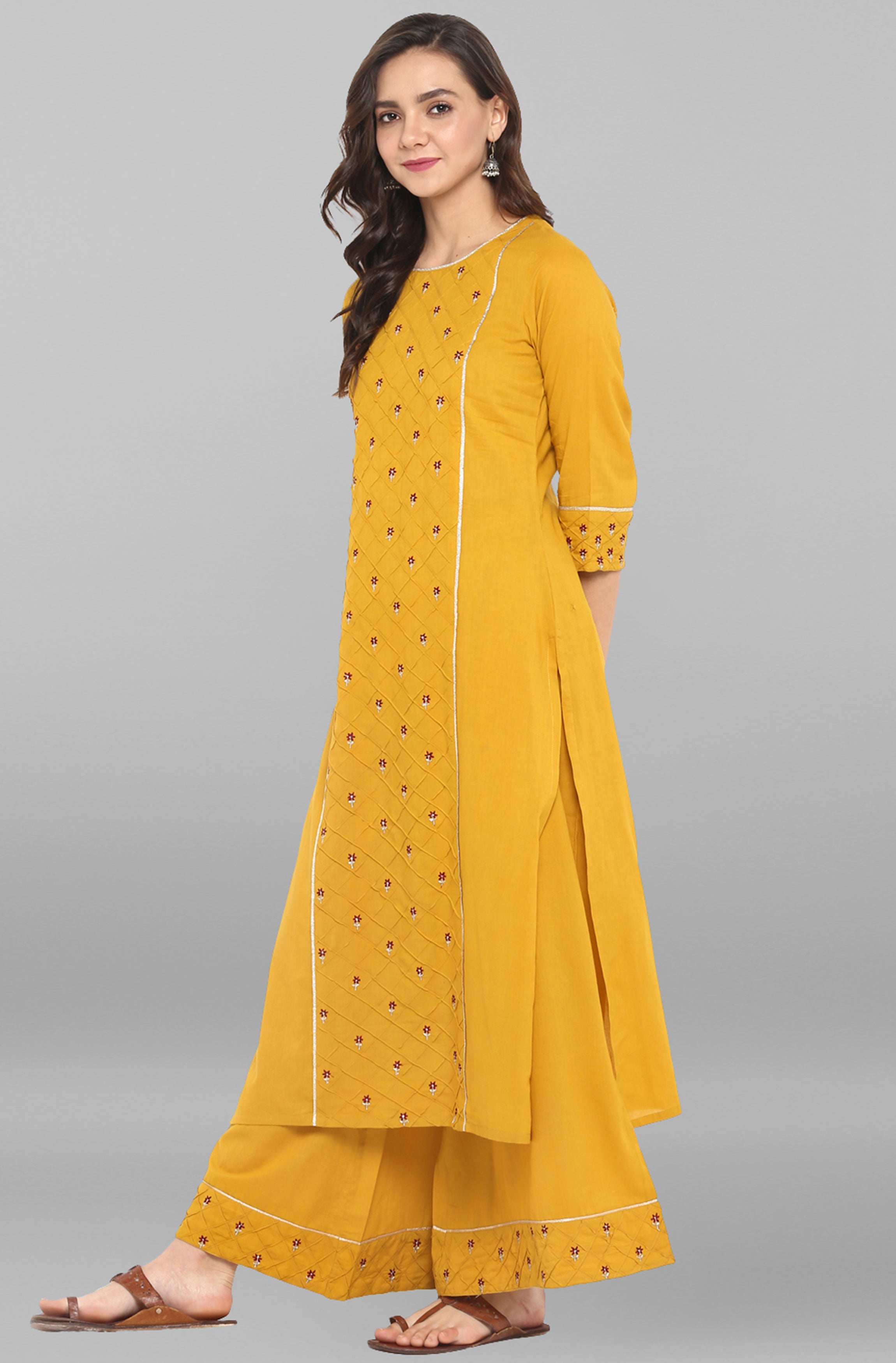 Janasya Women's Mustard Cotton Embroidered Kurta With Palazzo - Distacart