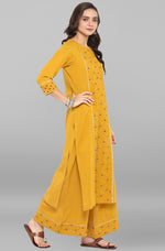 Thumbnail for Janasya Women's Mustard Cotton Embroidered Kurta With Palazzo - Distacart