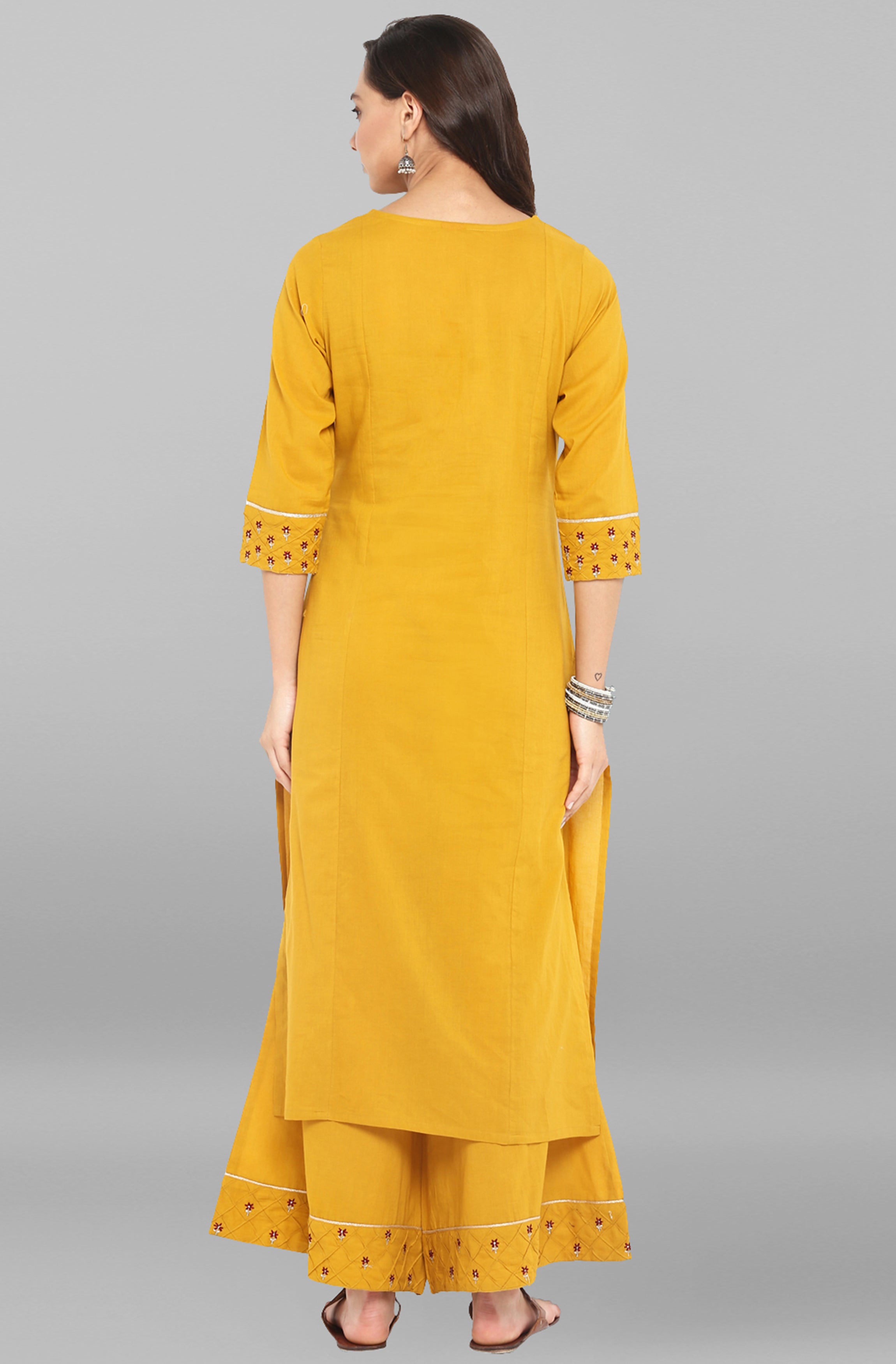 Janasya Women's Mustard Cotton Embroidered Kurta With Palazzo - Distacart