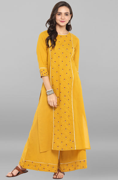 Janasya Women's Mustard Cotton Embroidered Kurta With Palazzo - Distacart