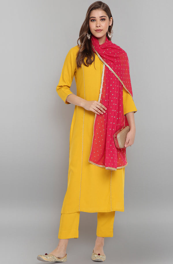 Janasya Women's Mustard Rayon Solid Kurta With Pant And Dupatta - Distacart