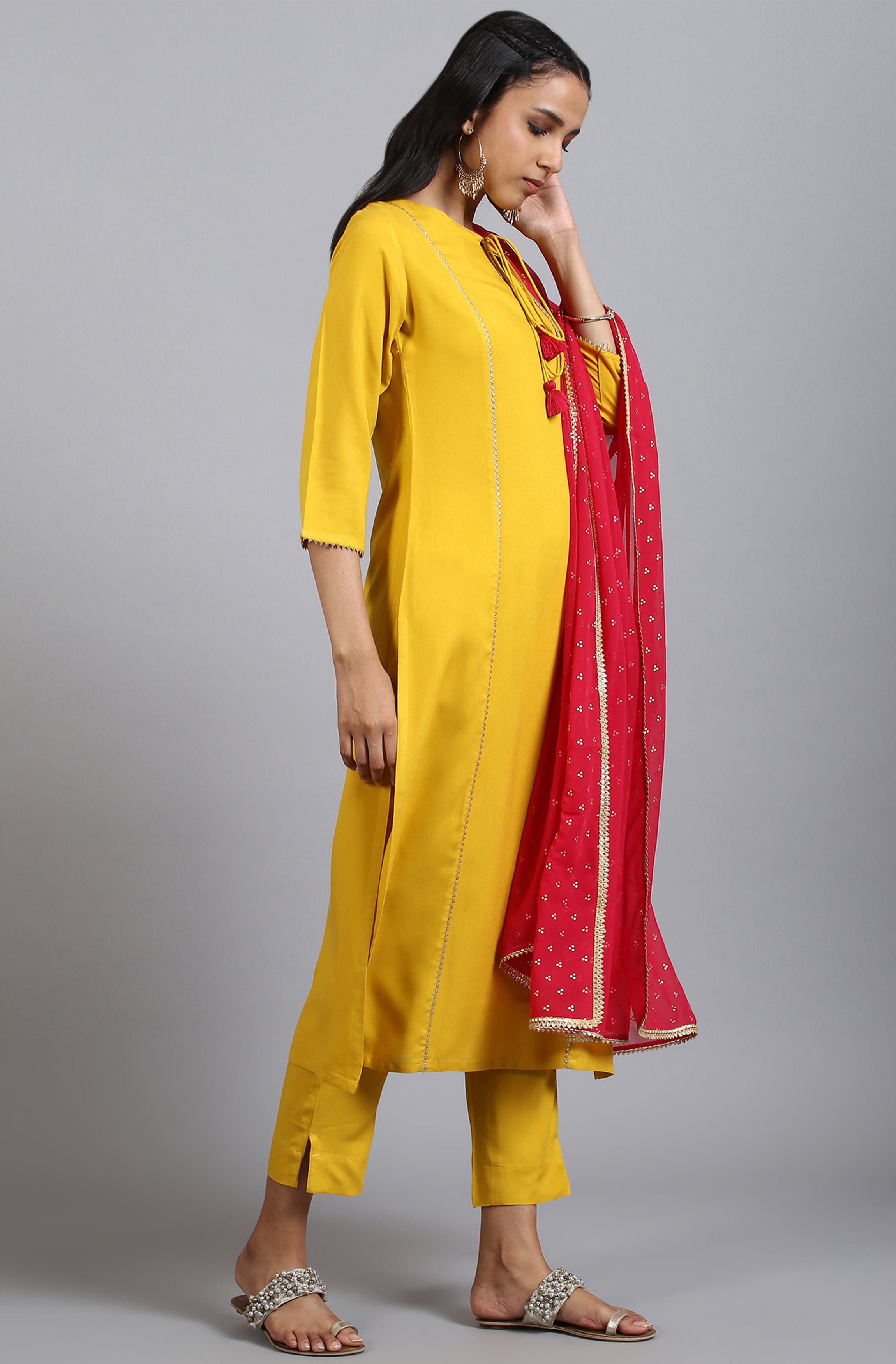 Janasya Women's Mustard Rayon Solid Kurta With Pant And Dupatta - Distacart