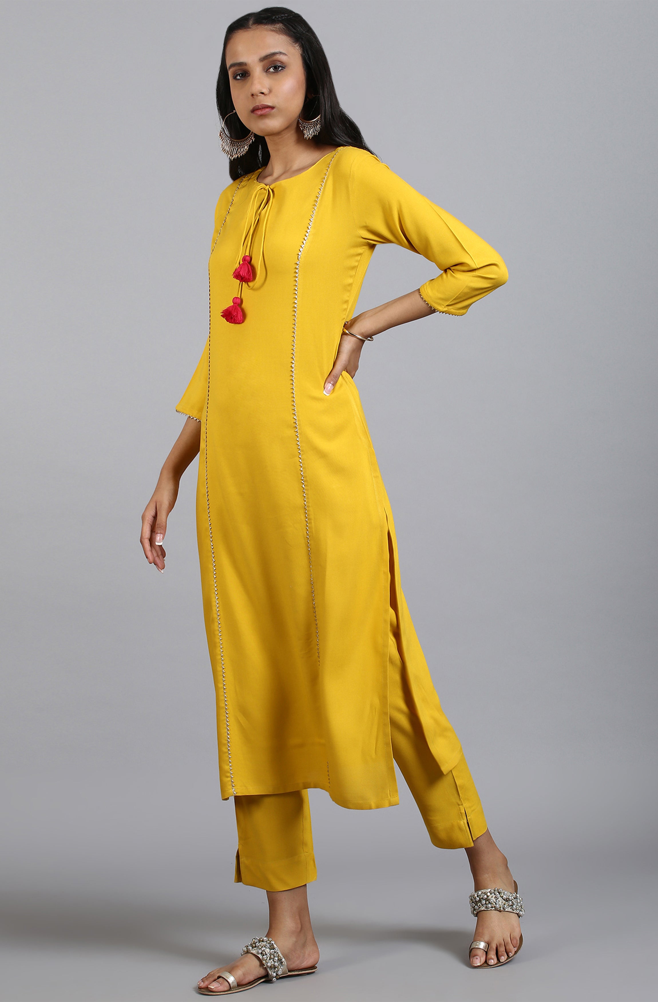 Janasya Women's Mustard Rayon Solid Kurta With Pant And Dupatta - Distacart
