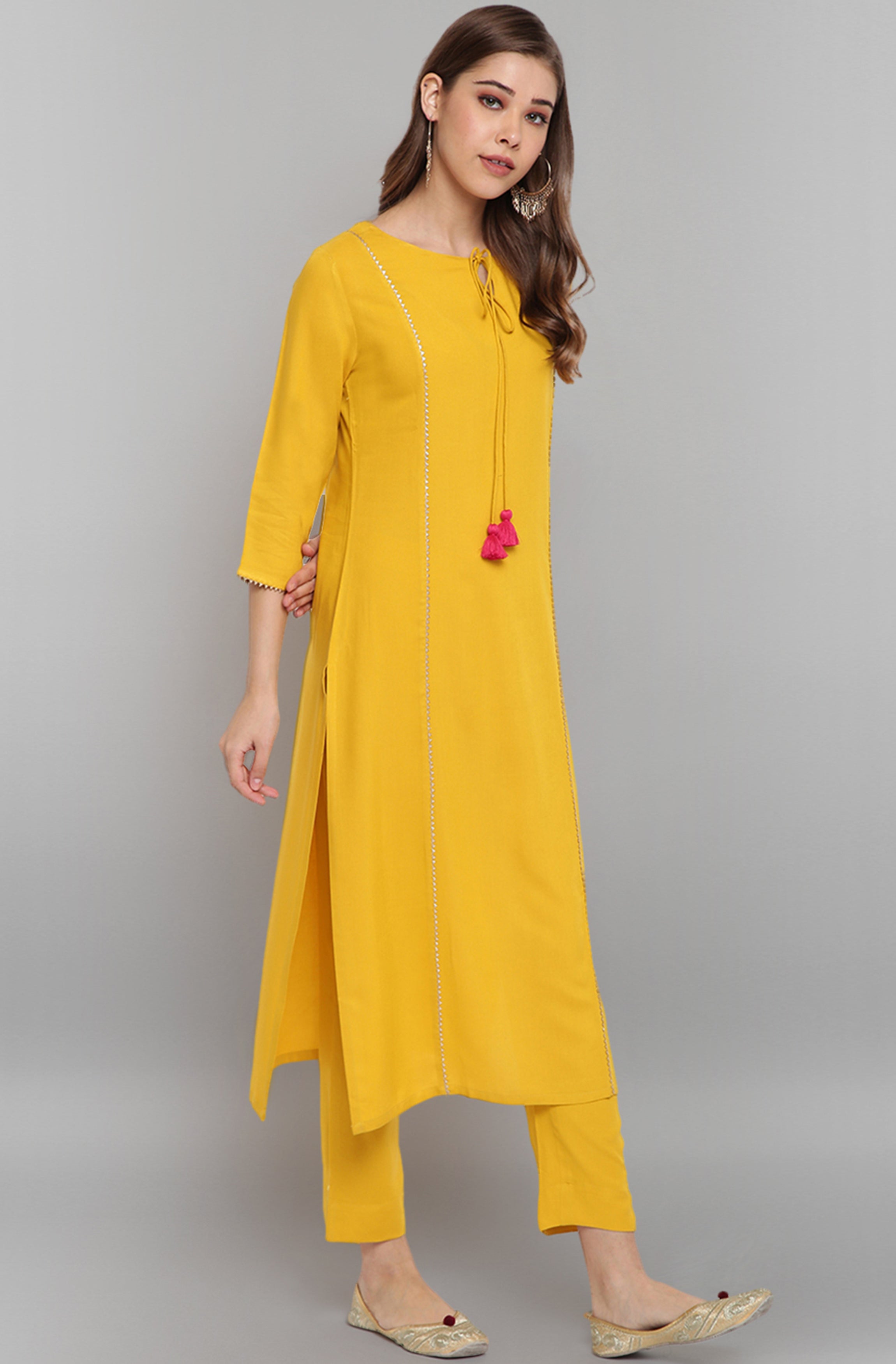 Janasya Women's Mustard Rayon Solid Kurta With Pant And Dupatta - Distacart