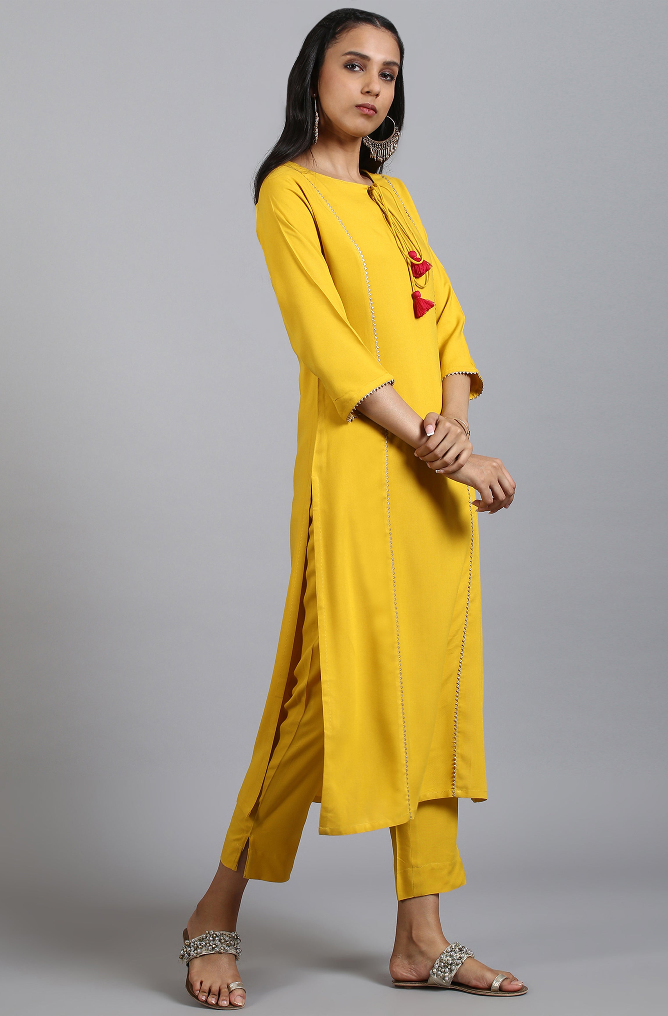 Janasya Women's Mustard Rayon Solid Kurta With Pant And Dupatta - Distacart