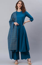 Thumbnail for Janasya Women's Blue Cotton Solid Kurta With Palazzo And Dupatta - Distacart