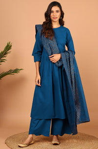 Thumbnail for Janasya Women's Blue Cotton Solid Kurta With Palazzo And Dupatta - Distacart