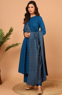Thumbnail for Janasya Women's Blue Cotton Solid Kurta With Palazzo And Dupatta - Distacart