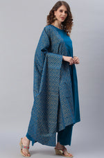 Thumbnail for Janasya Women's Blue Cotton Solid Kurta With Palazzo And Dupatta - Distacart