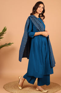 Thumbnail for Janasya Women's Blue Cotton Solid Kurta With Palazzo And Dupatta - Distacart