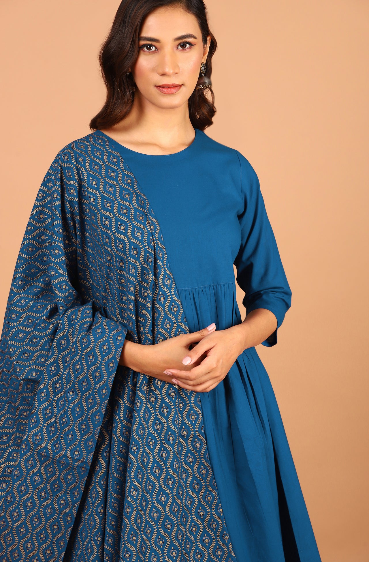 Janasya Women's Blue Cotton Solid Kurta With Palazzo And Dupatta - Distacart