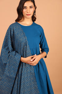 Thumbnail for Janasya Women's Blue Cotton Solid Kurta With Palazzo And Dupatta - Distacart
