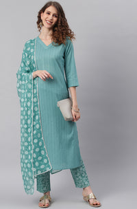 Thumbnail for Janasya Women's Turquoise Cotton Striped Kurta With Pant And Dupatta - Distacart
