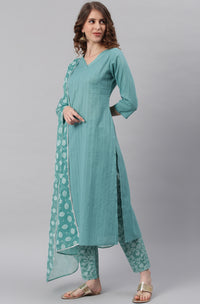 Thumbnail for Janasya Women's Turquoise Cotton Striped Kurta With Pant And Dupatta - Distacart