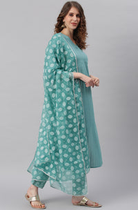 Thumbnail for Janasya Women's Turquoise Cotton Striped Kurta With Pant And Dupatta - Distacart