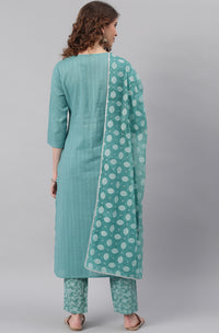 Thumbnail for Janasya Women's Turquoise Cotton Striped Kurta With Pant And Dupatta - Distacart