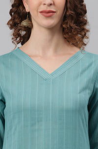 Thumbnail for Janasya Women's Turquoise Cotton Striped Kurta With Pant And Dupatta - Distacart