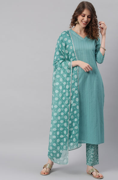 Janasya Women's Turquoise Cotton Striped Kurta With Pant And Dupatta - Distacart