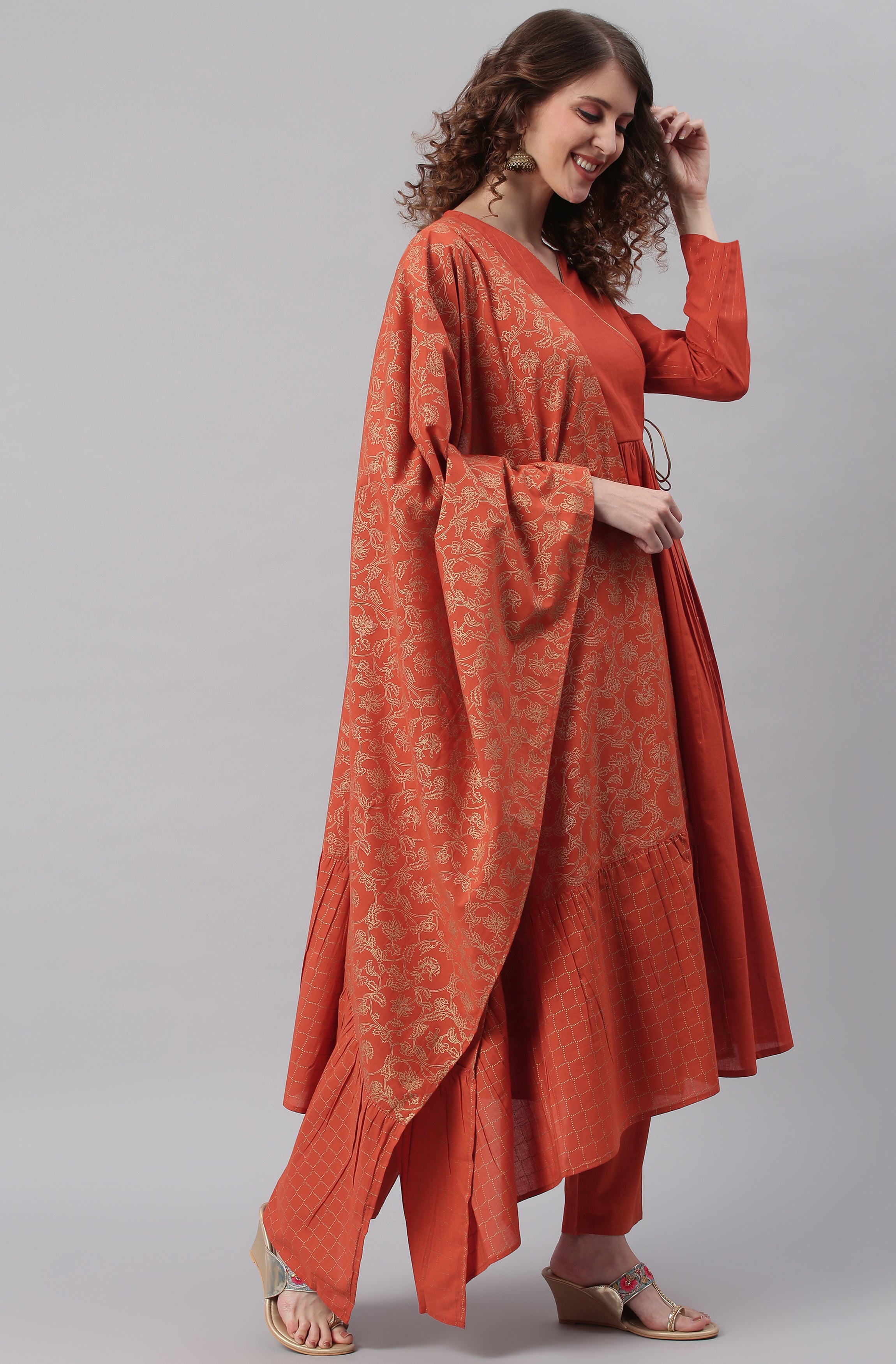 Janasya Women's Orange Cotton Striped Kurta With Pant And Dupatta - Distacart