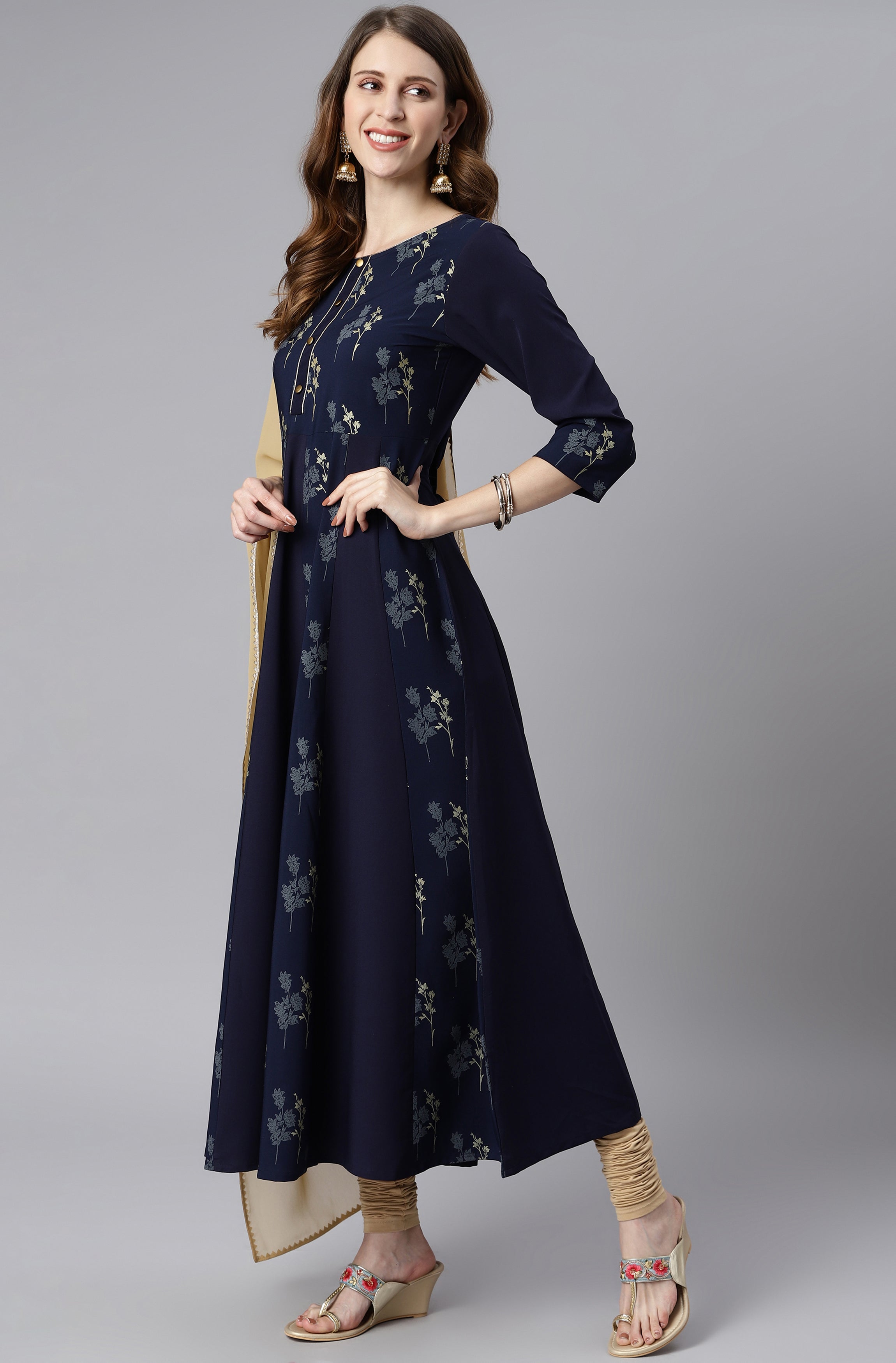 Janasya Women's Navy Blue Poly Crepe Floral Printed Anarkali Casual Kurta Set - Distacart