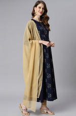 Thumbnail for Janasya Women's Navy Blue Poly Crepe Floral Printed Anarkali Casual Kurta Set - Distacart